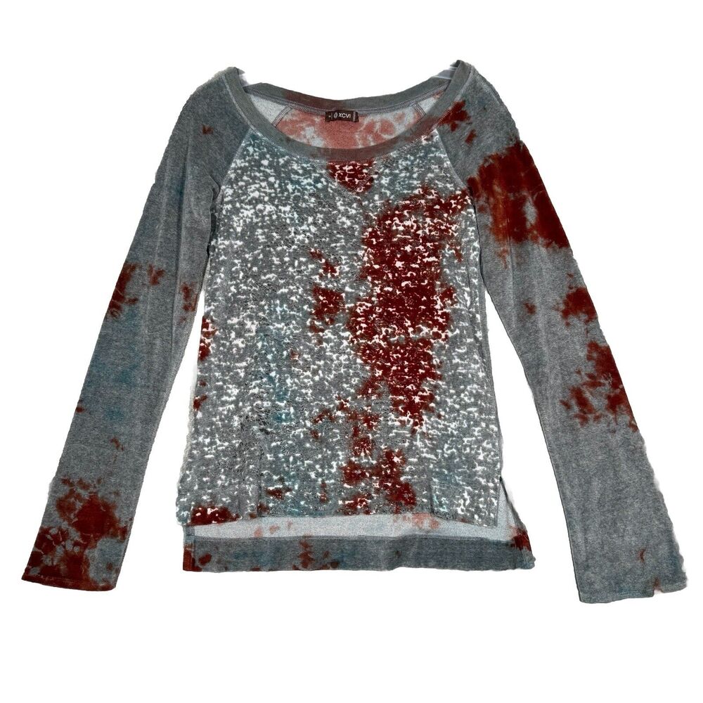 XCVI Shirt Womens Small Gray Red Tie Dye Burnout Comfy Casual Everyday Lounge